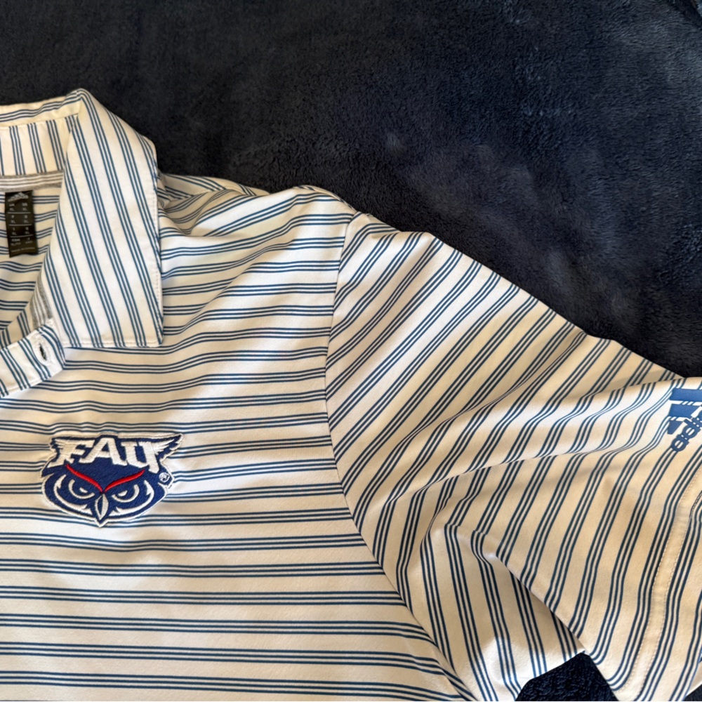 Adidas White and Blue Striped FAU Owls Polo Shirt